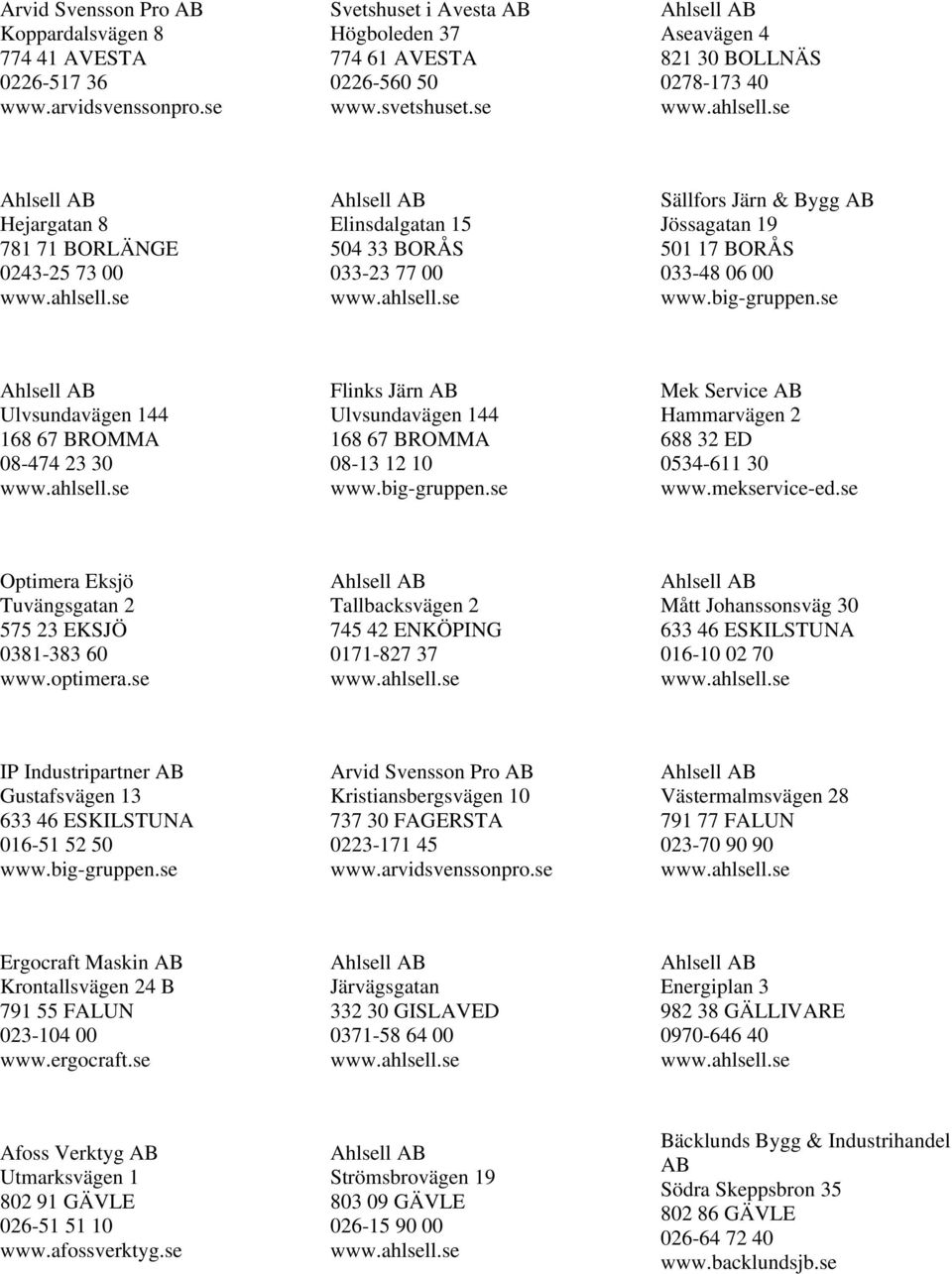 Ulvsundavägen 144 168 67 BROMMA 08-474 23 30 Flinks Järn Ulvsundavägen 144 168 67 BROMMA 08-13 12 10 Mek Service Hammarvägen 2 688 32 ED 0534-611 30 www.mekservice-ed.