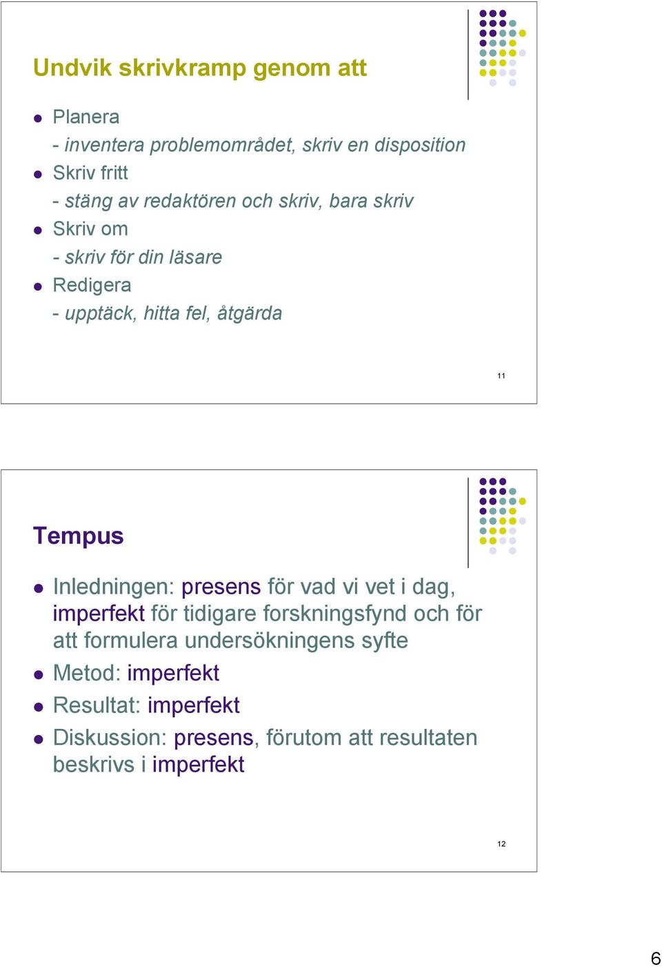 Inledningen: presens för vad vi vet i dag, imperfekt för tidigare forskningsfynd och för att formulera