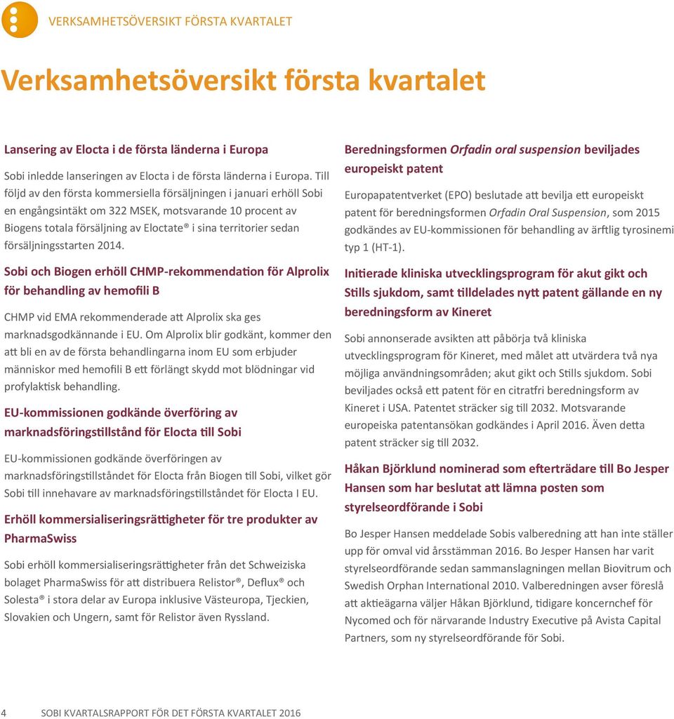 försäljningsstarten 2014. Sobi och Biogen erhöll CHMP-rekommendation för Alprolix för behandling av hemofili B CHMP vid EMA rekommenderade att Alprolix ska ges marknadsgodkännande i EU.