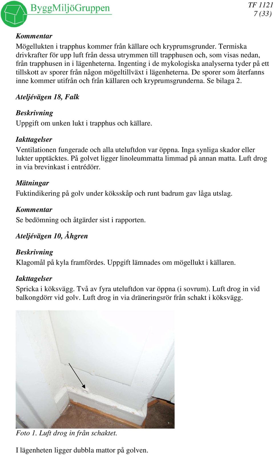 Se bilaga 2. Ateljévägen 18, Falk Beskrivning Uppgift om unken lukt i trapphus och källare. Ventilationen fungerade och alla uteluftdon var öppna. Inga synliga skador eller lukter upptäcktes.