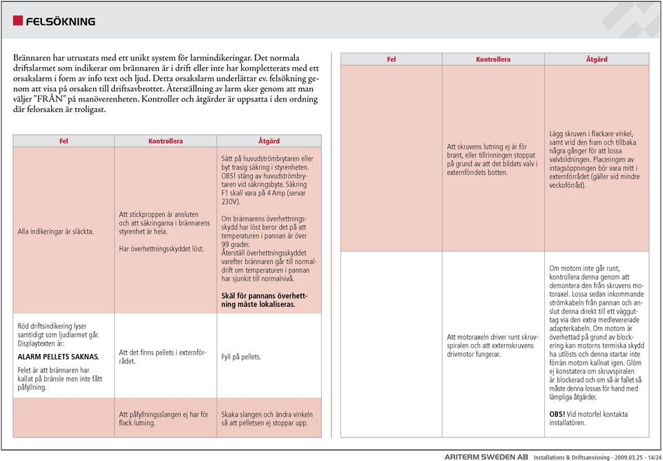 felsökning genom att visa på orsaken till driftsavbrottet. Återställning av larm sker genom att man väljer FRÅN på manöverenheten.