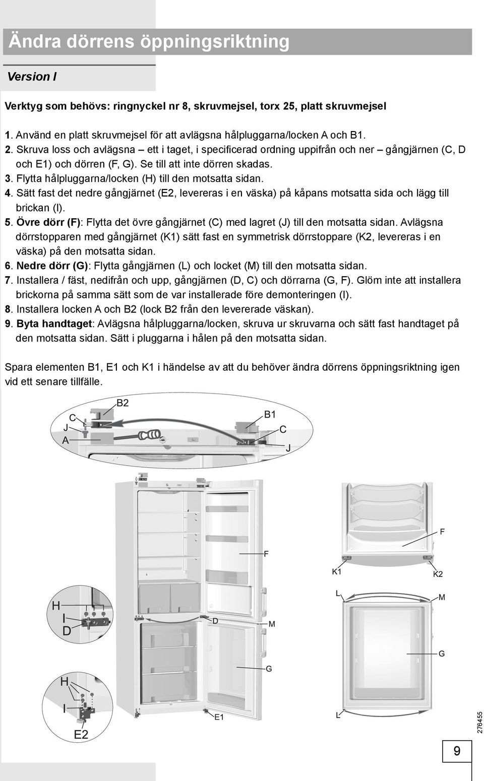 Skruva loss och avlägsna ett i taget, i specifi cerad ordning uppifrån och ner gångjärnen (C, D och E1) och dörren (F, G). Se till att inte dörren skadas. 3.