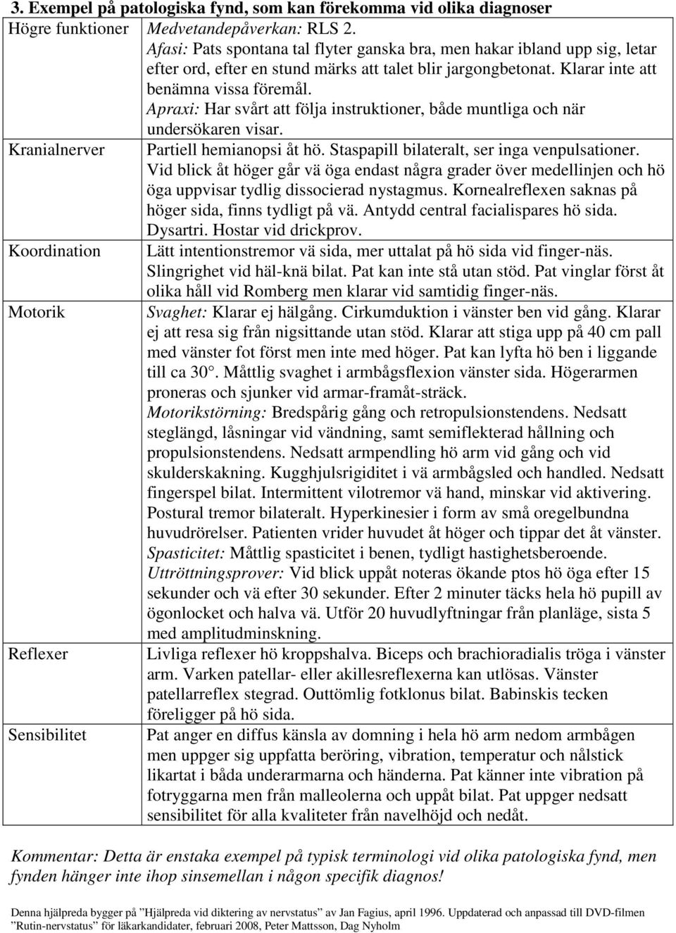 Apraxi: Har svårt att följa instruktioner, både muntliga och när undersökaren visar. Kranialnerver Partiell hemianopsi åt hö. Staspapill bilateralt, ser inga venpulsationer.