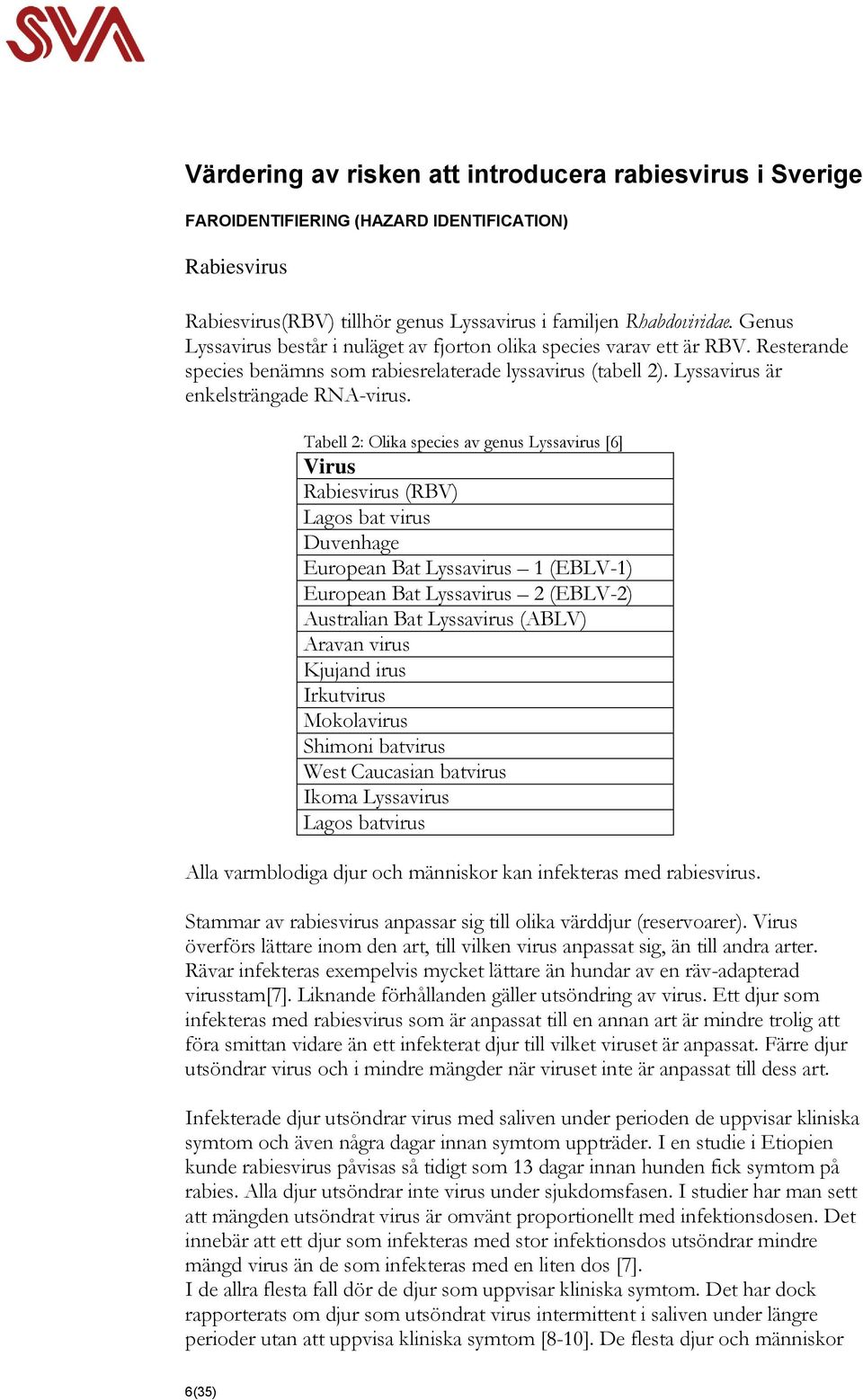 Tabell 2: Olika species av genus Lyssavirus [6] Virus Rabiesvirus (RBV) Lagos bat virus Duvenhage European Bat Lyssavirus 1 (EBLV-1) European Bat Lyssavirus 2 (EBLV-2) Australian Bat Lyssavirus