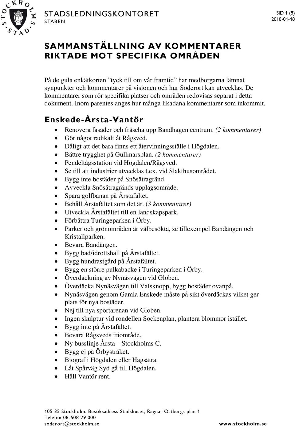 Inom parentes anges hur många likadana kommentarer som inkommit. Enskede-Årsta-Vantör Renovera fasader och fräscha upp Bandhagen centrum. (2 kommentarer) Gör något radikalt åt Rågsved.