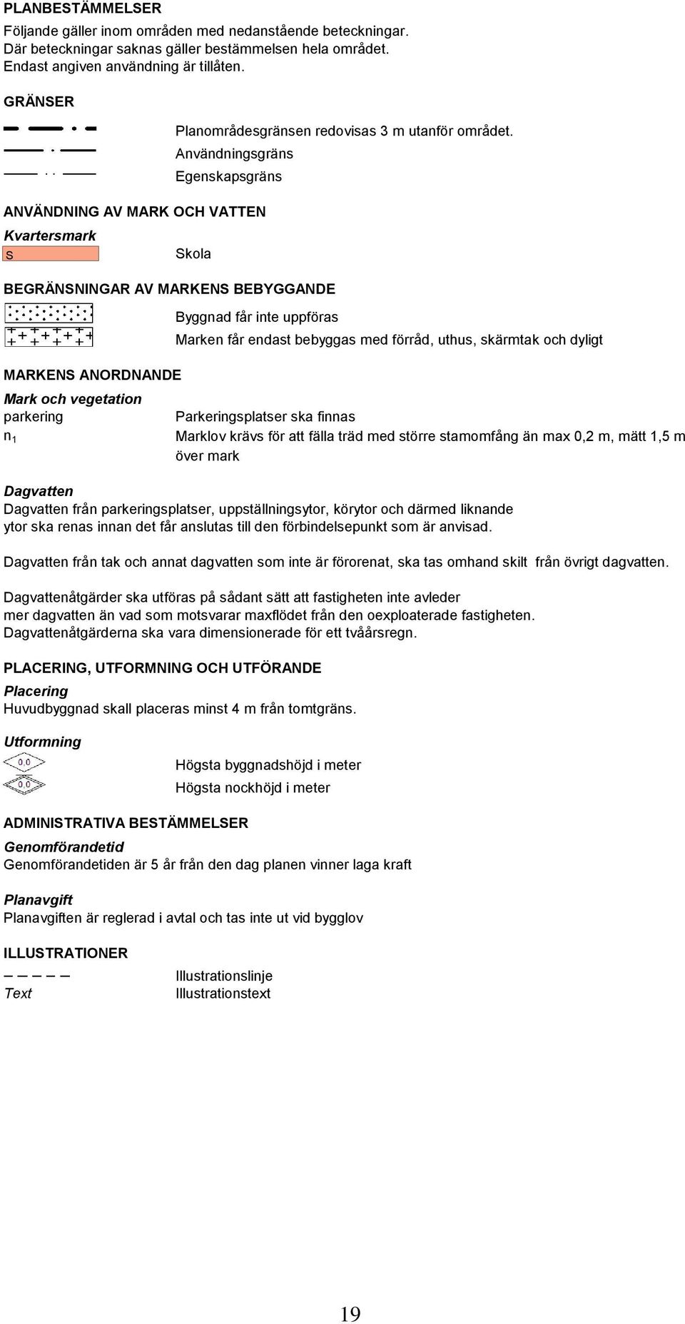 Användningsgräns Egenskapsgräns ANVÄNDNING AV MARK OCH VATTEN Kvartersmark S Skola BEGRÄNSNINGAR AV MARKENS BEBYGGANDE MARKENS ANORDNANDE Mark och vegetation parkering n 1 Byggnad får inte uppföras