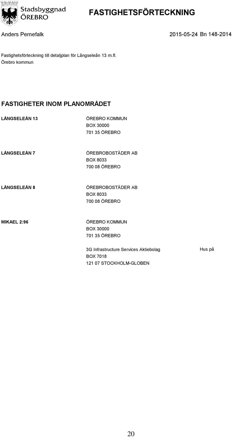 Örebro kommun FASTIGHETER INOM PLANOMRÅDET LÅNGSELEÅN 13 ÖREBRO KOMMUN BOX 30000 701 35 ÖREBRO LÅNGSELEÅN 7