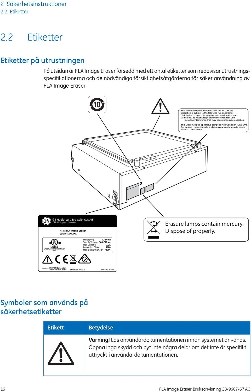 nödvändiga försiktighetsåtgärderna för säker användning av FLA Image Eraser. Erasure lamps contain mercury. Dispose of properly.