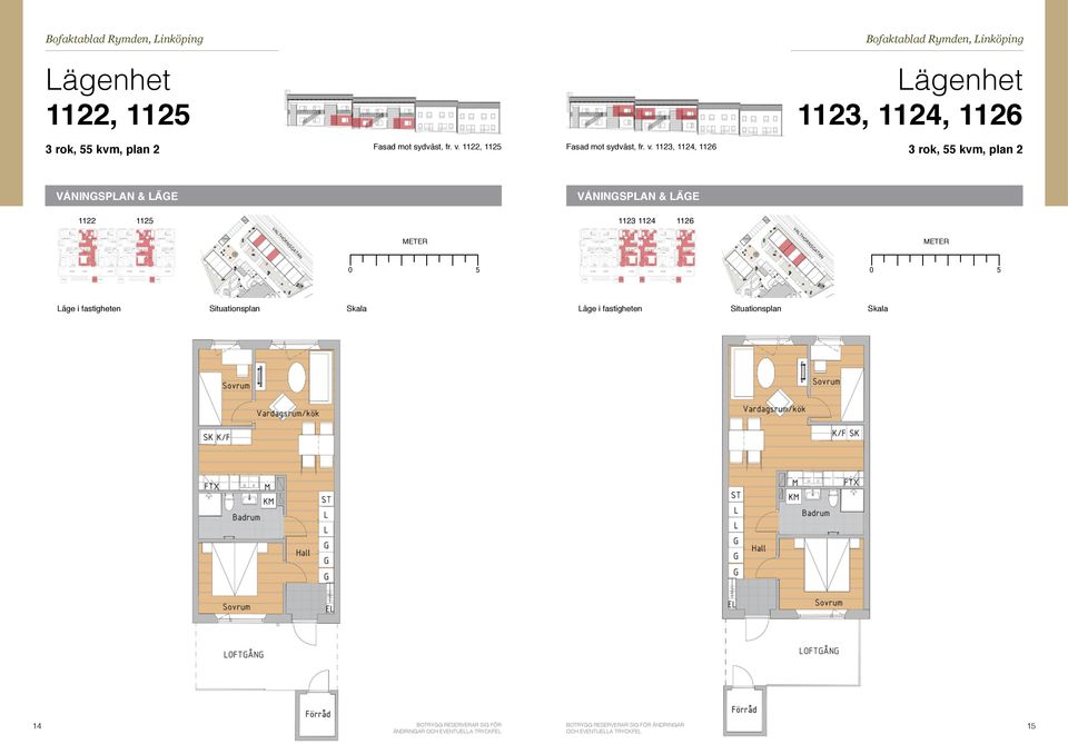 1123, 1124, 1126 3 rok, 55 kvm, plan 2 1122 1125 1123 1124 1126 Läge i fastigheten Situationsplan Skala