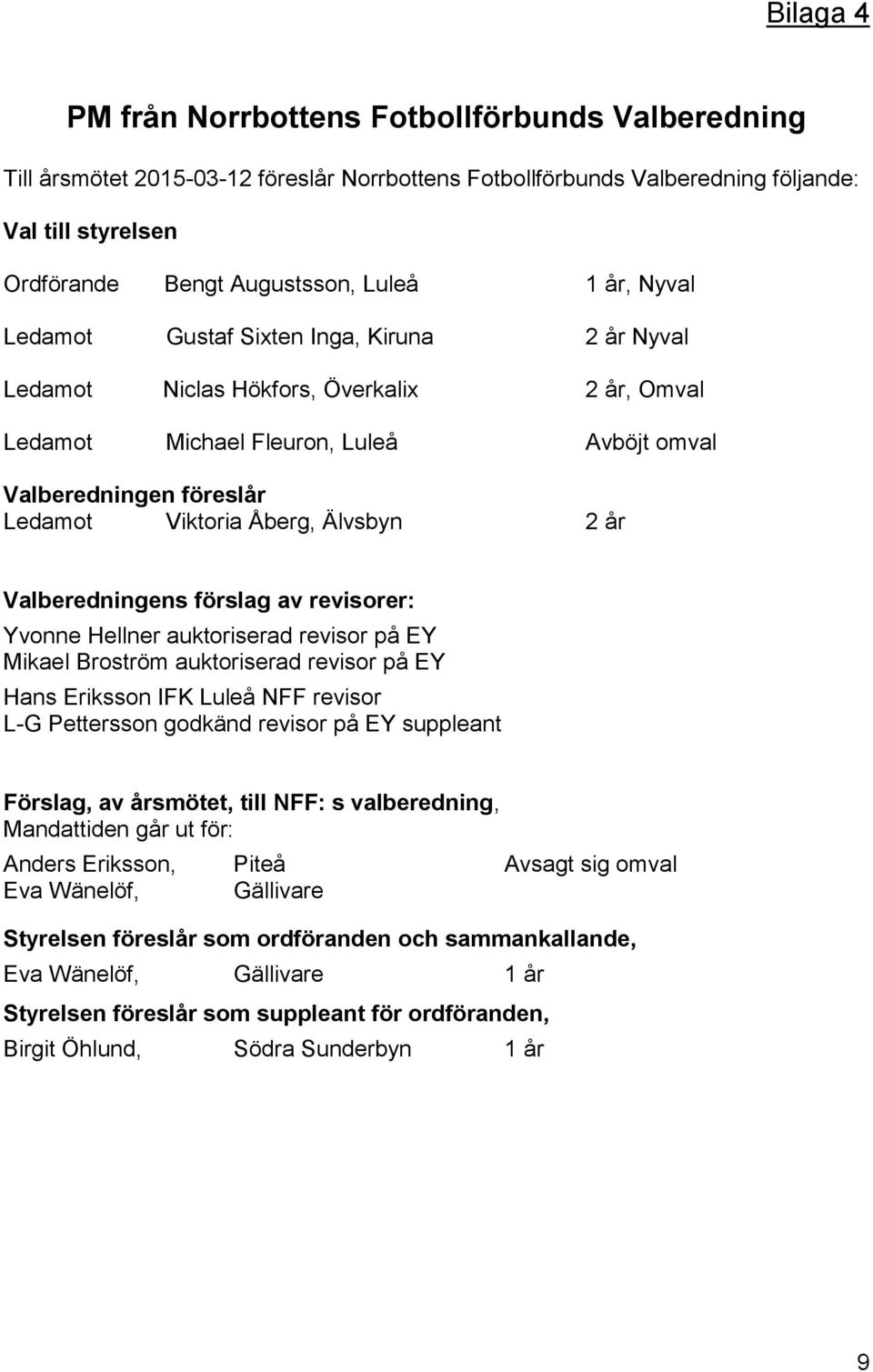 Älvsbyn 2 år Valberedningens förslag av revisorer: Yvonne Hellner auktoriserad revisor på EY Mikael Broström auktoriserad revisor på EY Hans Eriksson IFK Luleå NFF revisor L-G Pettersson godkänd