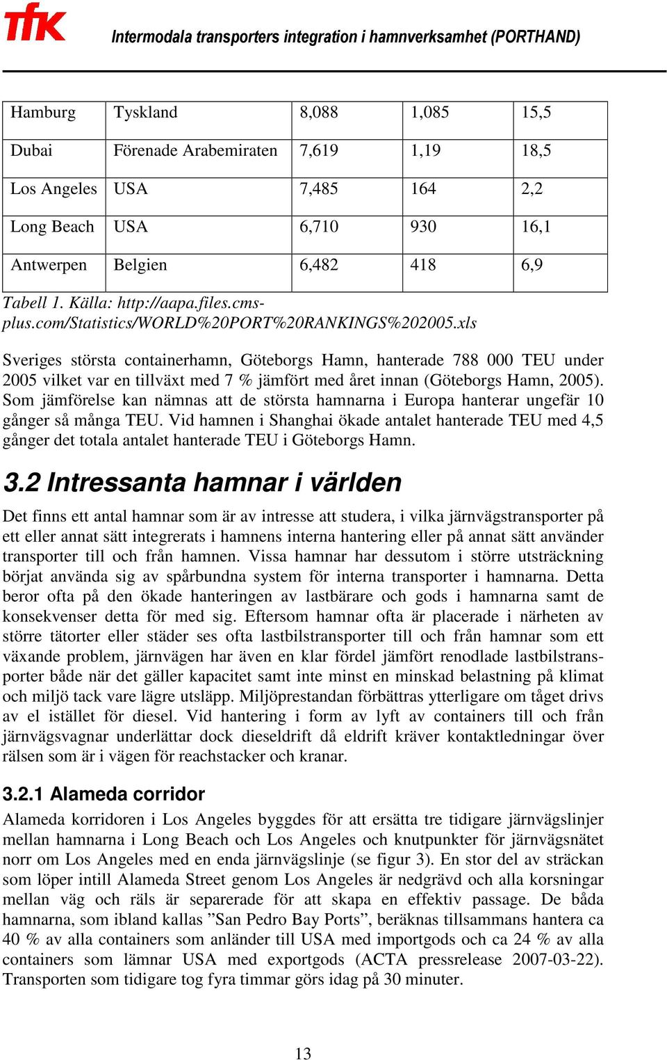 xls Sveriges största containerhamn, Göteborgs Hamn, hanterade 788 000 TEU under 2005 vilket var en tillväxt med 7 % jämfört med året innan (Göteborgs Hamn, 2005).