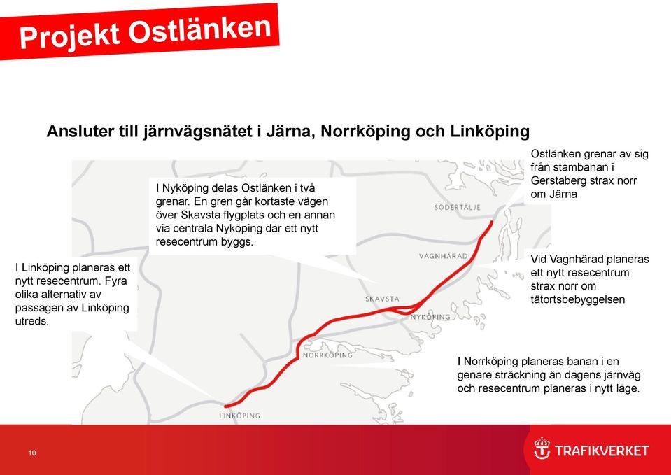 En gren går kortaste vägen över Skavsta flygplats och en annan via centrala Nyköping där ett nytt resecentrum byggs.