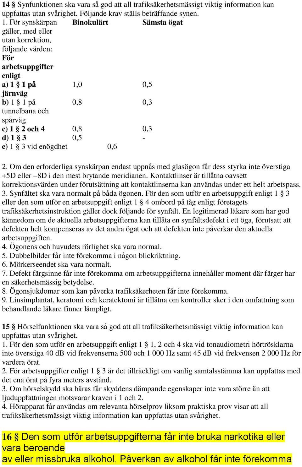 0,8 0,3 d) 1 3 0,5 - e) 1 3 vid enögdhet 0,6 2. Om den erforderliga synskärpan endast uppnås med glasögon får dess styrka inte överstiga +5D eller 8D i den mest brytande meridianen.