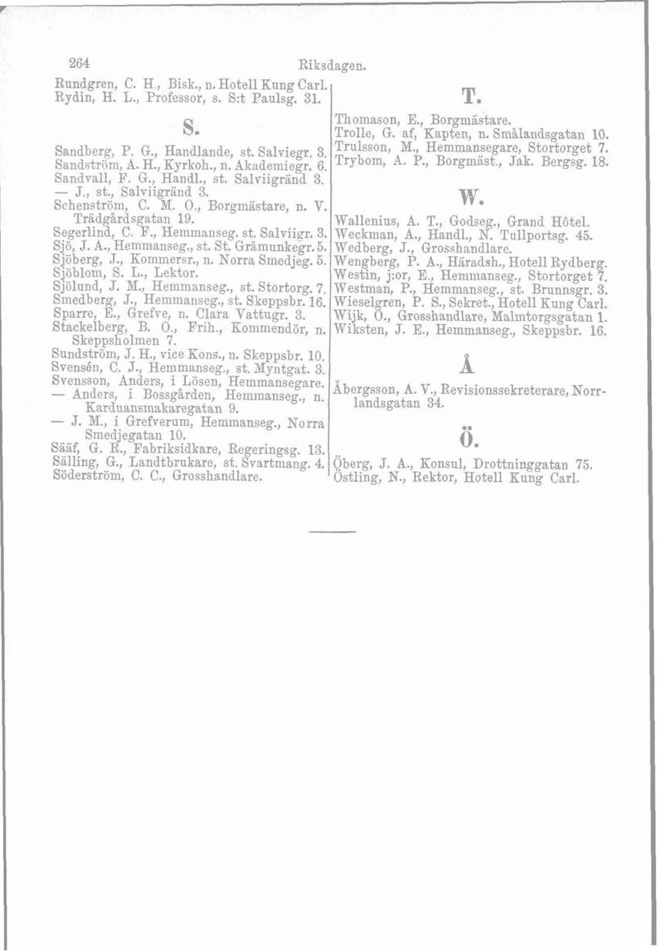 , Borgmastare, n. V. w. Tradgårdsgatan 19. Wallenius, A. T., Godseg., Grand Hutel. Segerlind, C. F., Hemmanseg. st. Salviigr. 3. Weckman, A., Handl., N. Tullportsg. 45. Sjö, J. A., Hemmanseg., st. St.