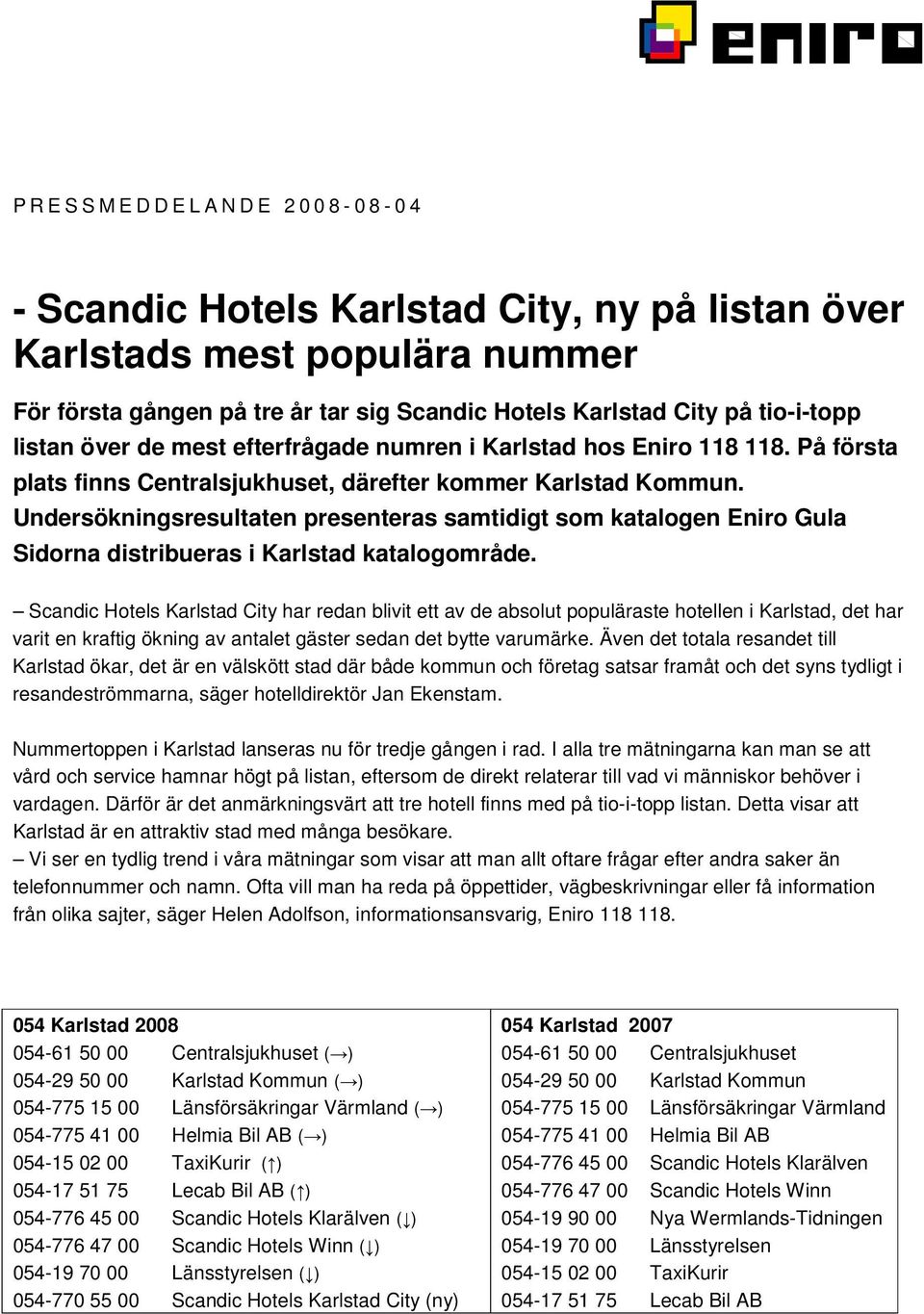 Undersökningsresultaten presenteras samtidigt som katalogen Eniro Gula Sidorna distribueras i Karlstad katalogområde.