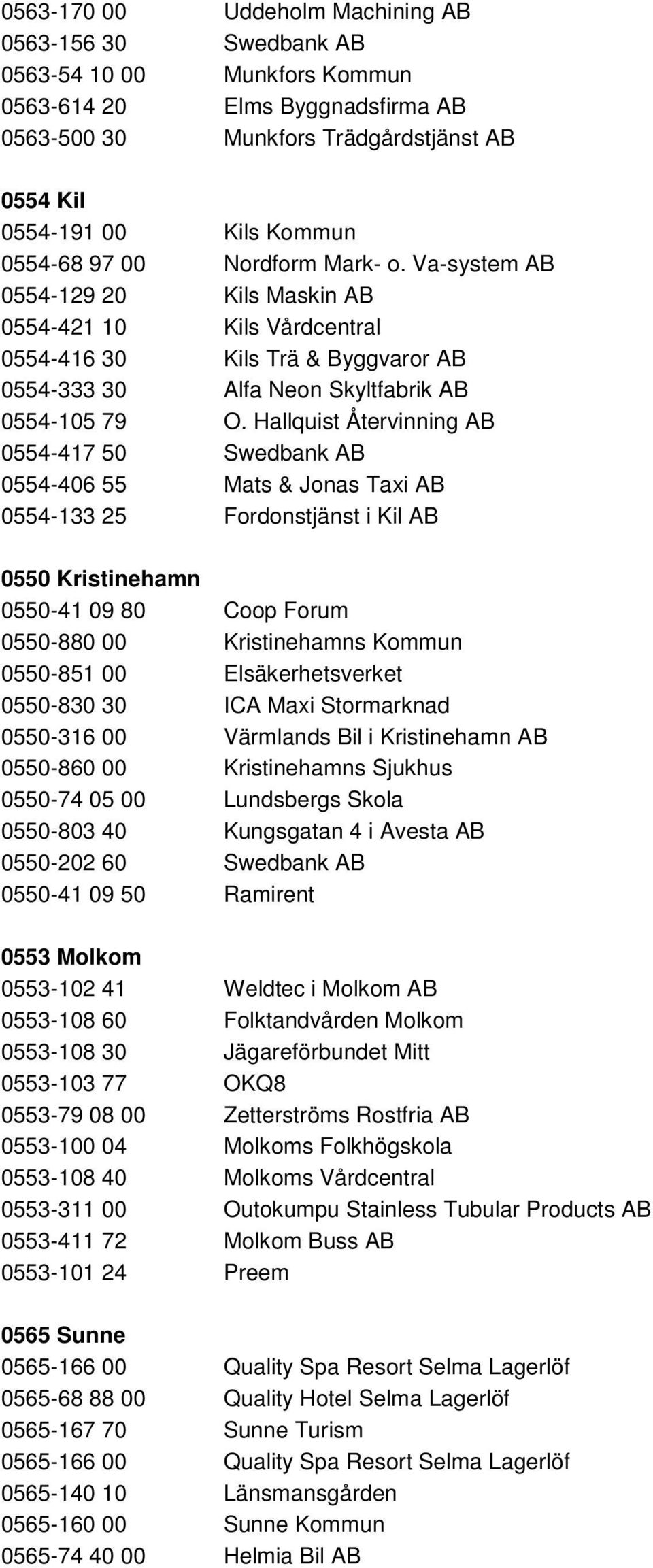 Hallquist Återvinning AB 0554-417 50 Swedbank AB 0554-406 55 Mats & Jonas Taxi AB 0554-133 25 Fordonstjänst i Kil AB 0550 Kristinehamn 0550-41 09 80 Coop Forum 0550-880 00 Kristinehamns Kommun