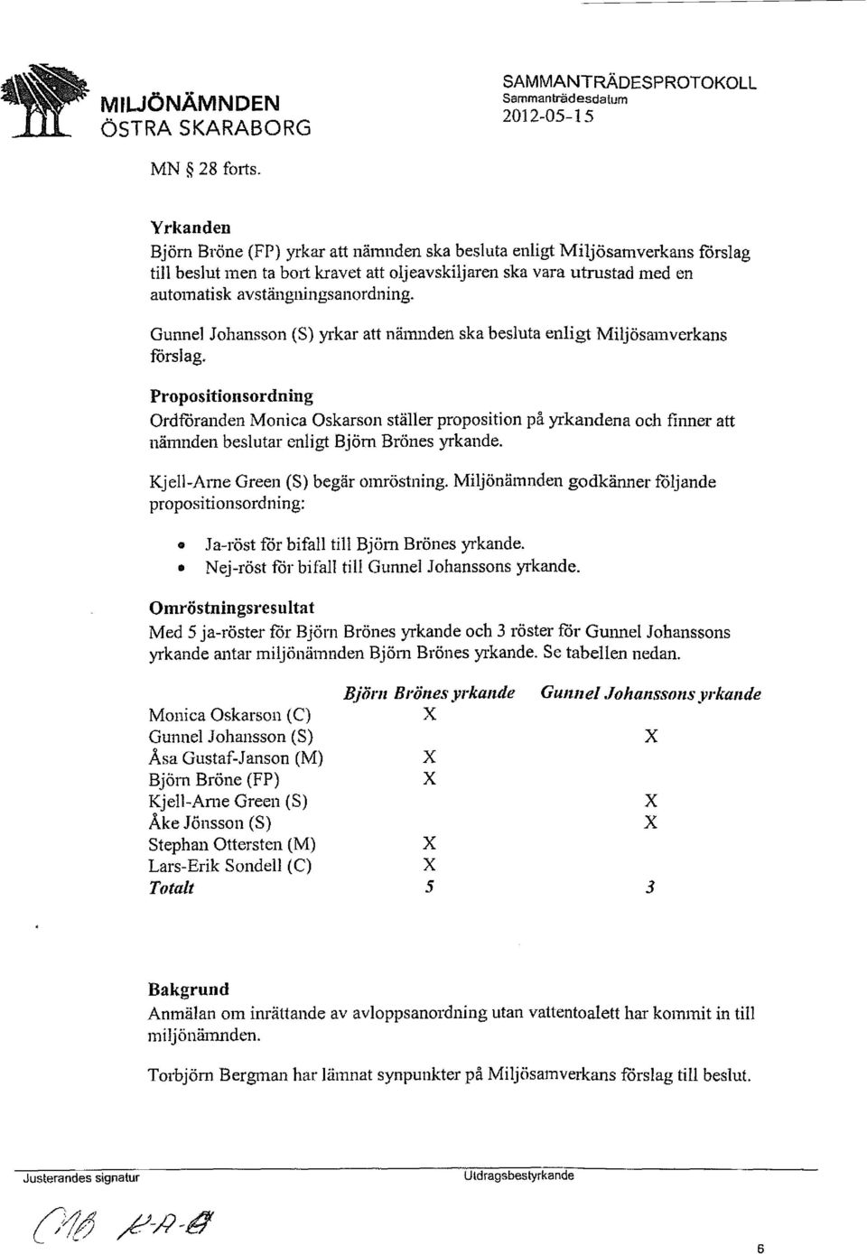 Gunnel Johansson (S) yrkar att nämnden ska besluta enligt Miljösamverkans fårs lag.