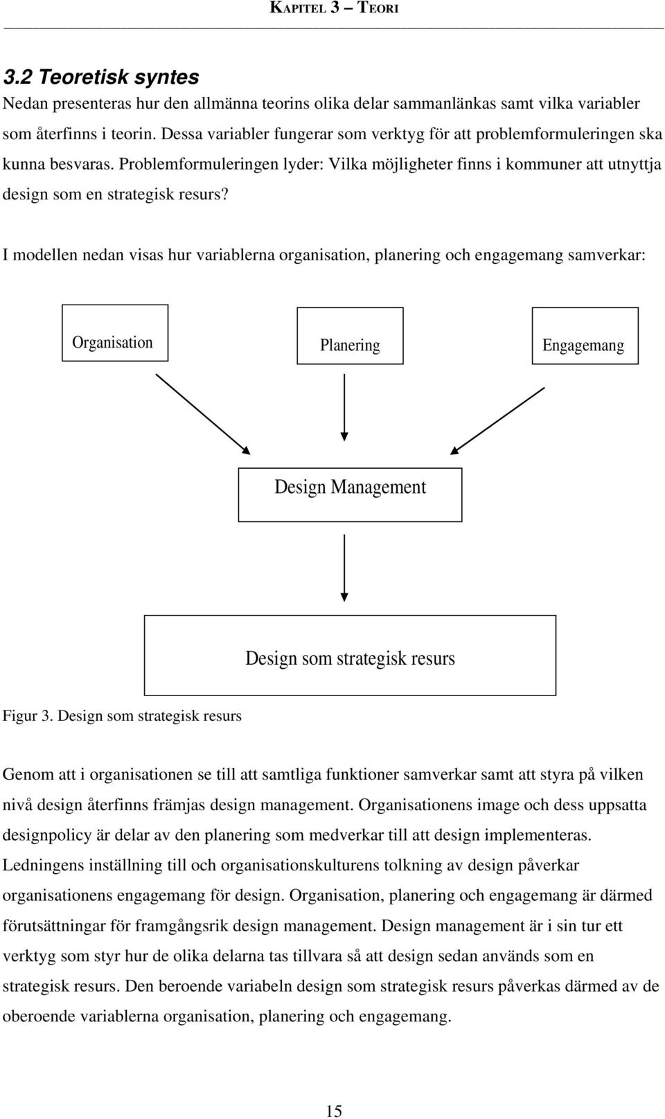 I modellen nedan visas hur variablerna organisation, planering och engagemang samverkar: Organisation Planering Engagemang Design Management Design som strategisk resurs Figur 3.