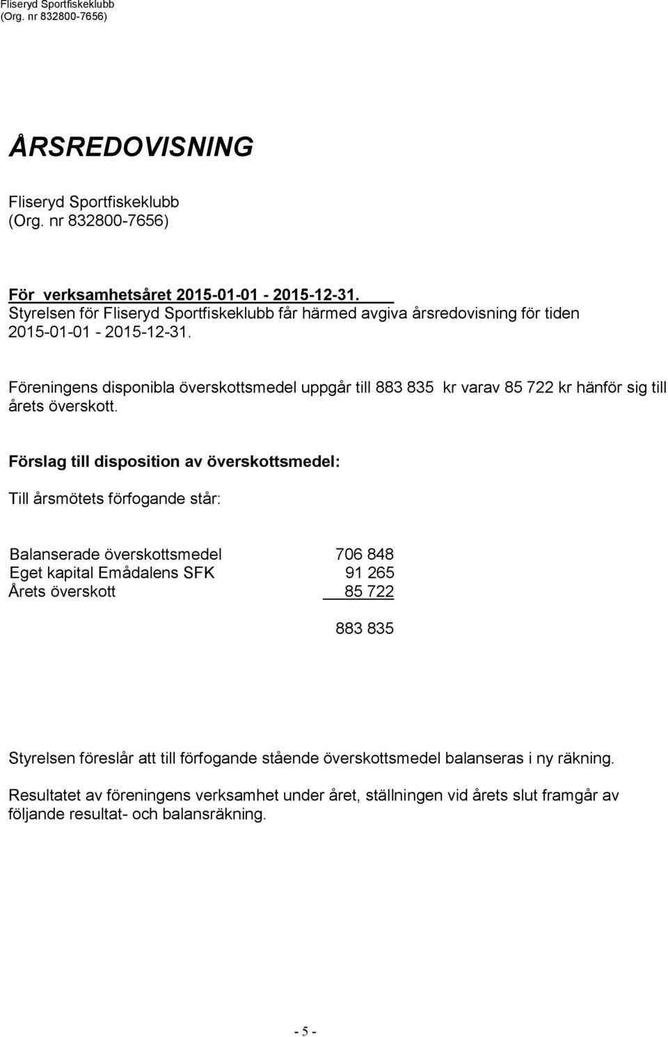 Föreningens disponibla överskottsmedel uppgår till 883 835 kr varav 85 722 kr hänför sig till årets överskott.