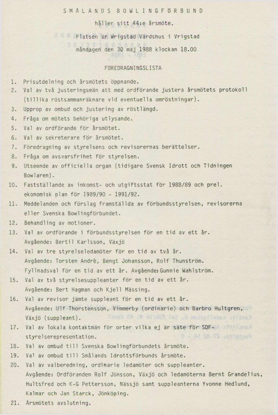 Upprop av ombud och justering av röstlängd. 4. Fråga om mötets behöriga utlysande. 5. Val av ordförande för årsmötet. 6. Val av sekreterare för årsmötet. 7.