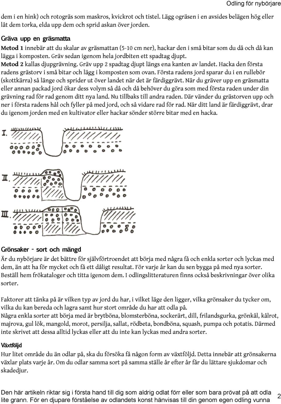 Metod 2 kallas djupgrävning. Gräv upp 2 spadtag djupt längs ena kanten av landet. Hacka den första radens grästorv i små bitar och lägg i komposten som ovan.