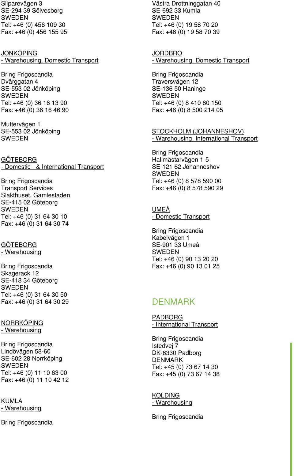 Tel: +46 (0) 31 64 30 10 Fax: +46 (0) 31 64 30 74 GÖTEBORG Skagerack 12 SE-418 34 Göteborg Tel: +46 (0) 31 64 30 50 Fax: +46 (0) 31 64 30 29 NORRKÖPING Lindövägen 58-60 SE-602 28 Norrköping Tel: +46