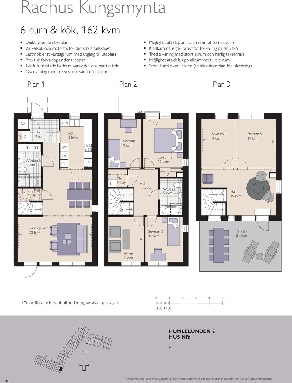 med stort allrum och härlig takterrass Möjlighet att dela upp allrummet till tre rum Stort förråd om 7 kvm (se situationsplan för placering) Plan 1 Plan 2 Plan 3 VP DM VS 7 kvm Sovrum 1 TM TT K/F Kök