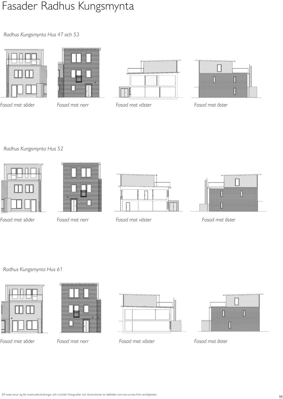 mot väster Fasad mot öster 0 1 2 3 skala A1/1:100 N Hus 47, 53 HJÄRUP NO2, E FASAD FRD Radhus Kungsmynta Hus 61 0 1 2