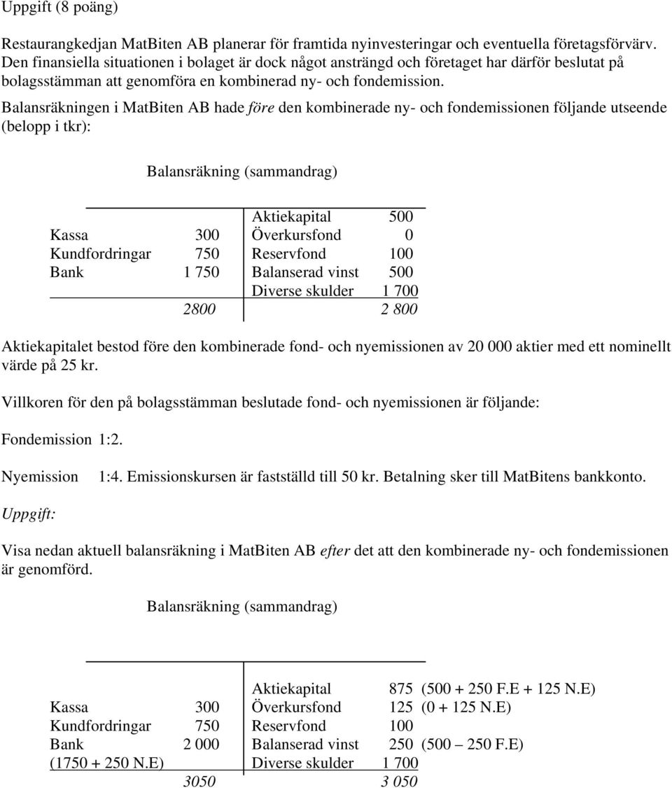 Balansräkningen i MatBiten AB hade före den kombinerade ny- och fondemissionen följande utseende (belopp i tkr): Balansräkning (sammandrag) Aktiekapital 500 Kassa 300 Överkursfond 0 Kundfordringar