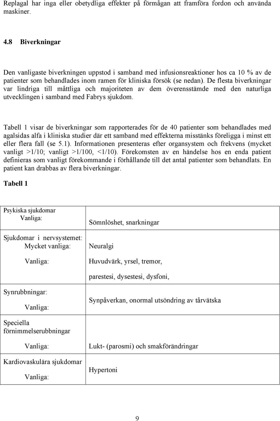 De flesta biverkningar var lindriga till måttliga och majoriteten av dem överensstämde med den naturliga utvecklingen i samband med Fabrys sjukdom.