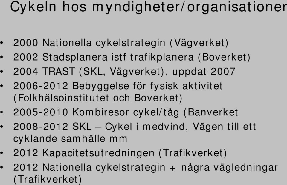 (Folkhälsoinstitutet och Boverket) 2005-2010 Kombiresor cykel/tåg (Banverket 2008-2012 SKL Cykel i medvind, Vägen