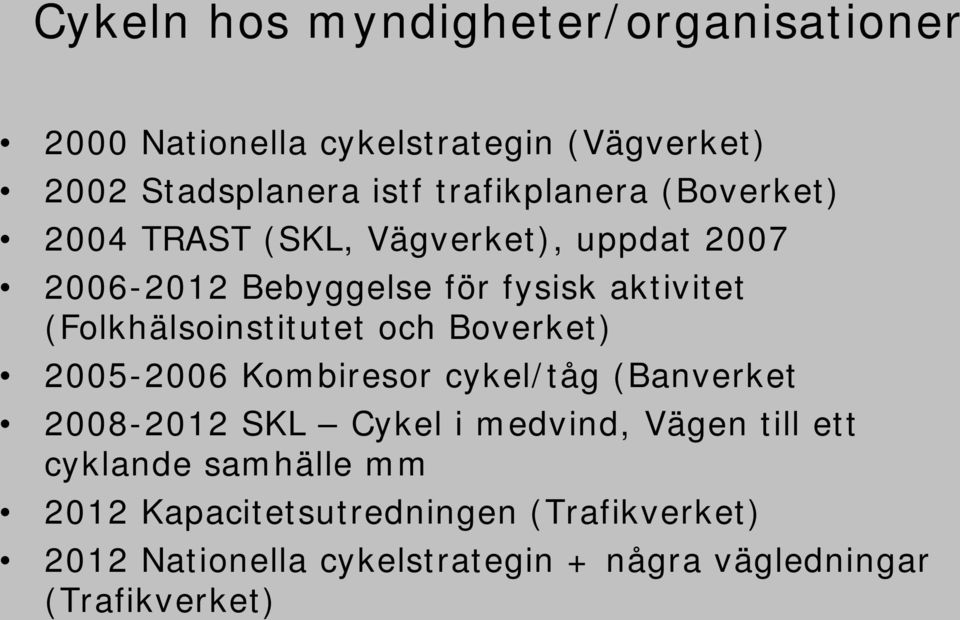 (Folkhälsoinstitutet och Boverket) 2005-2006 Kombiresor cykel/tåg (Banverket 2008-2012 SKL Cykel i medvind, Vägen