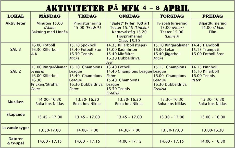 30 Dubbeldriva Badet fyller 100 år! Teater 15.45 (Linnéa) Karnevalståg 15.20 Tipspromenad Glass 15.30 14.35 Killerboll (tjejer) 15.00 Badminton 15.40 Minfältet 16.30 Dubbeldriva A-K 13.40 Fotboll 14.