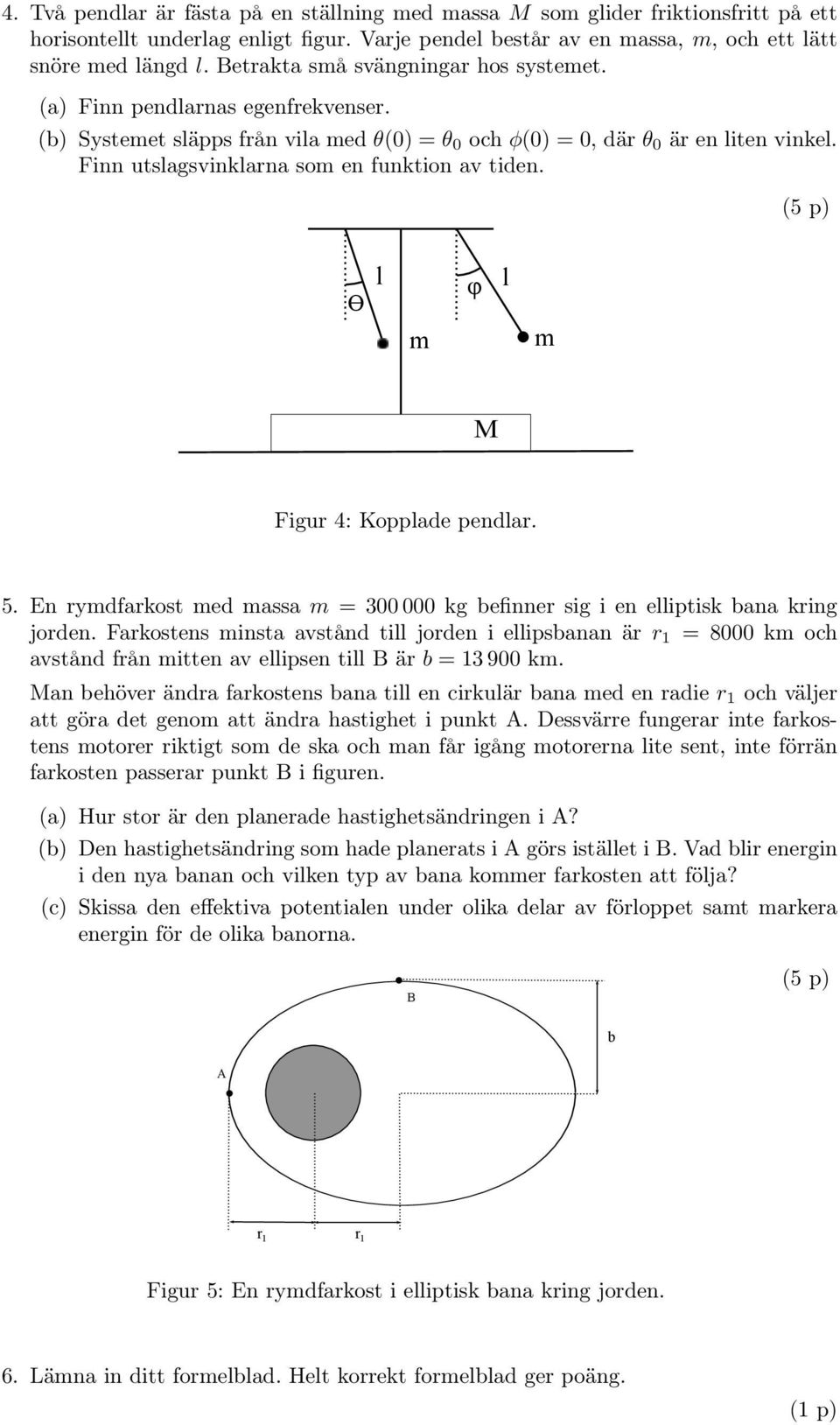 (5 p) Figur 4: Kopplade pendlar. 5. En rymdfarkost med massa m = 300 000 kg befinner sig i en elliptisk bana kring jorden.