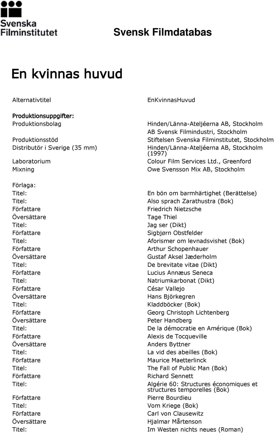 , Greenford Owe Svensson Mix AB, Stockholm En bön om barmhärtighet (Berättelse) Also sprach Zarathustra (Bok) Friedrich Nietzsche Tage Thiel Jag ser (Dikt) Sigbjørn Obstfelder Aforismer om