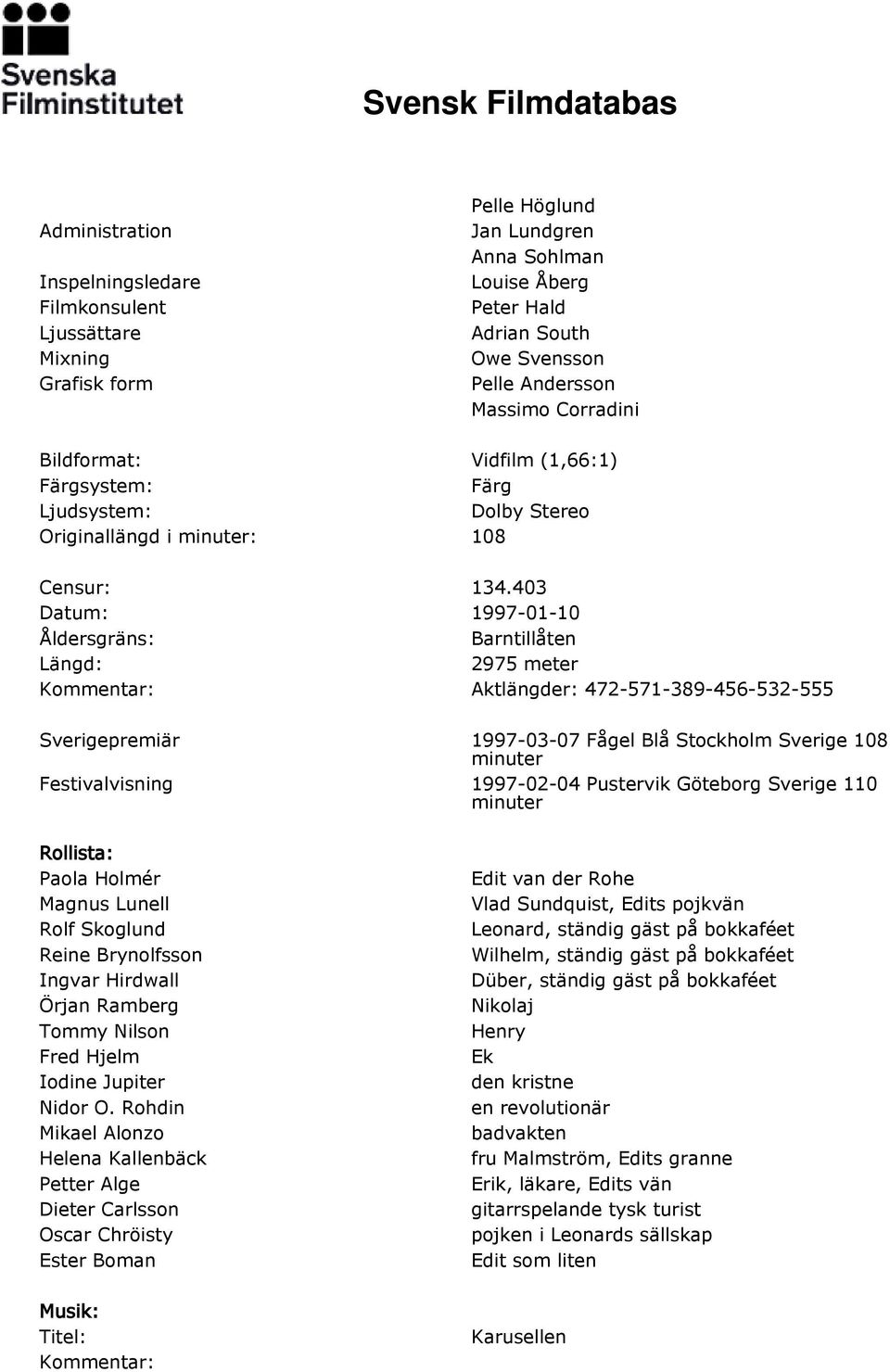 403 Datum: 1997-01-10 Åldersgräns: Barntillåten Längd: 2975 meter Aktlängder: 472-571-389-456-532-555 Sverigepremiär 1997-03-07 Fågel Blå Stockholm Sverige 108 minuter Festivalvisning 1997-02-04