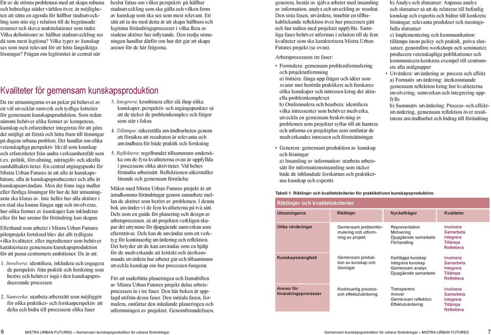 Frågan om legitimitet är central när Kvaliteter för gemensam kunskapsproduktion De tre utmaningarna ovan pekar på behovet av ett väl utvecklat ramverk och tydliga kriterier för gemensam