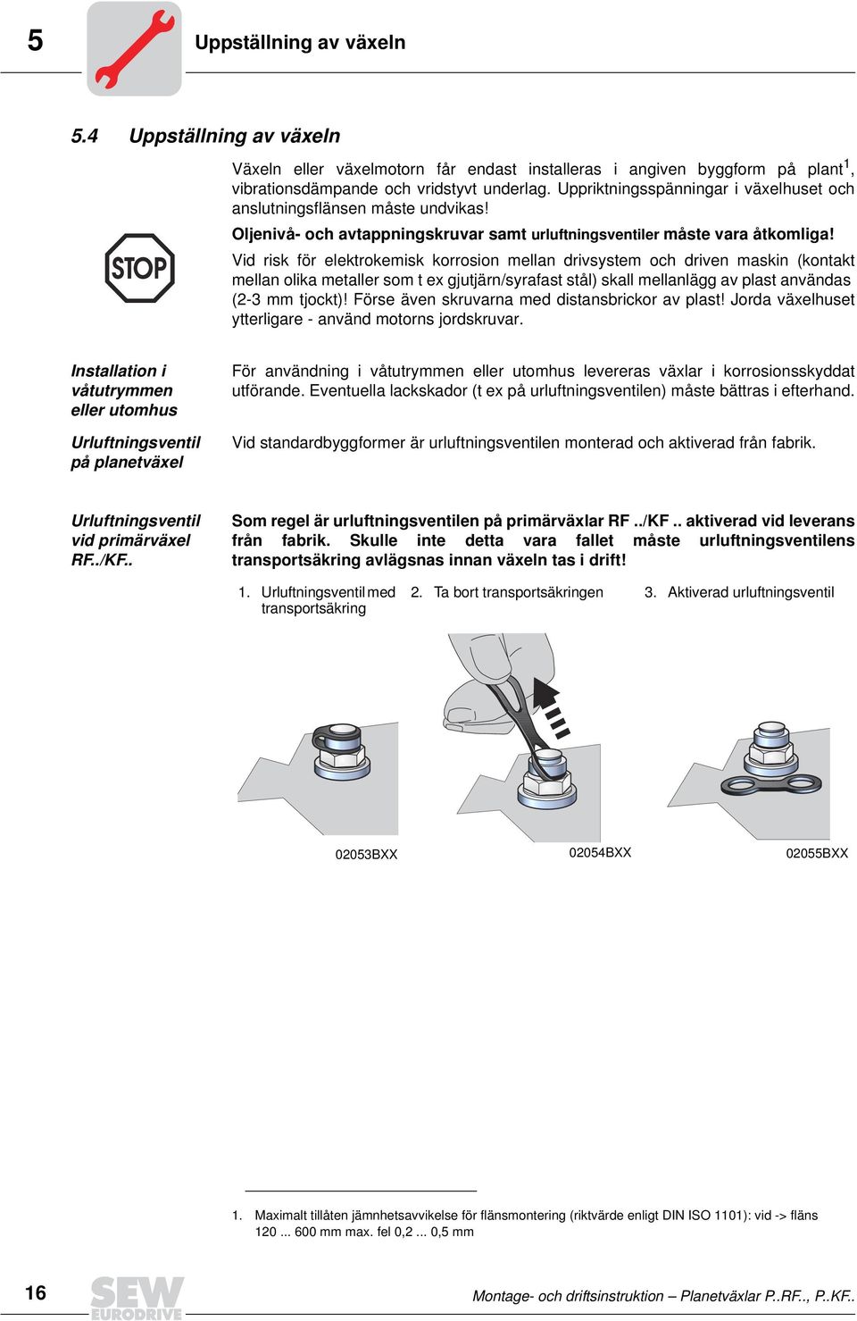 Vid risk för elektrokemisk korrosion mellan drivsystem och driven maskin (kontakt mellan olika metaller som t ex gjutjärn/syrafast stål) skall mellanlägg av plast användas (2-3 mm tjockt)!