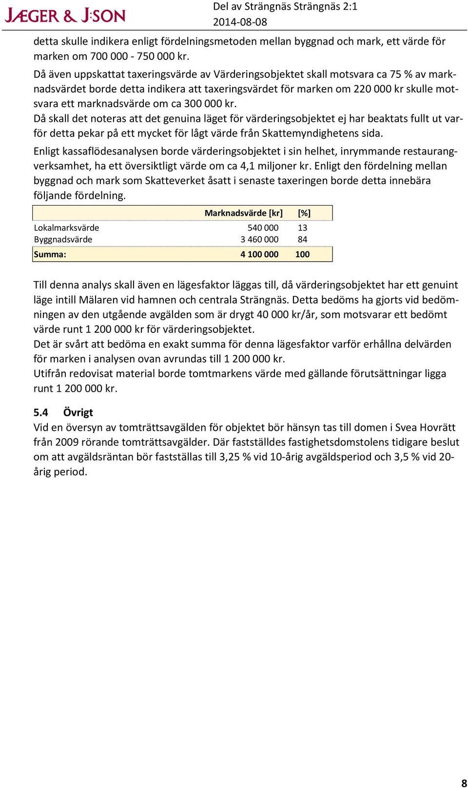 ca 300 000 kr. Då skall det noteras att det genuina läget för värderingsobjektet ej har beaktats fullt ut varför detta pekar på ett mycket för lågt värde från Skattemyndighetens sida.