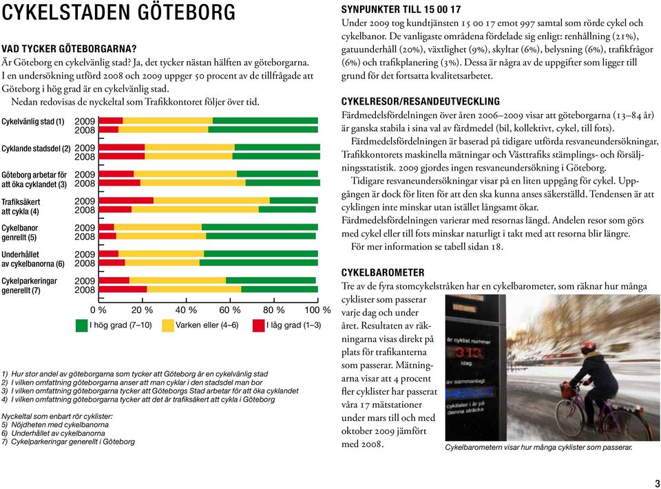 Cykelvänlig stad (1) Cyklande stadsdel (2) Göteborg arbetar för att öka cyklandet (3) Trafiksäkert att cykla (4) Cykelbanor genrellt (5) Underhållet av cykelbanorna (6) Cykelparkeringar generellt (7)