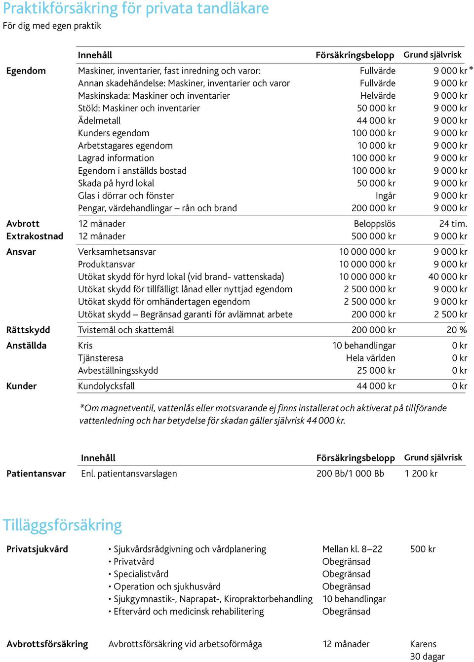 Arbetstagares egendom 10 00 Lagrad information 100 00 Egendom i anställds bostad 100 00 Skada på hyrd lokal 50 00 Glas i dörrar och fönster Ingår Pengar, värdehandlingar rån och brand 200 00 12