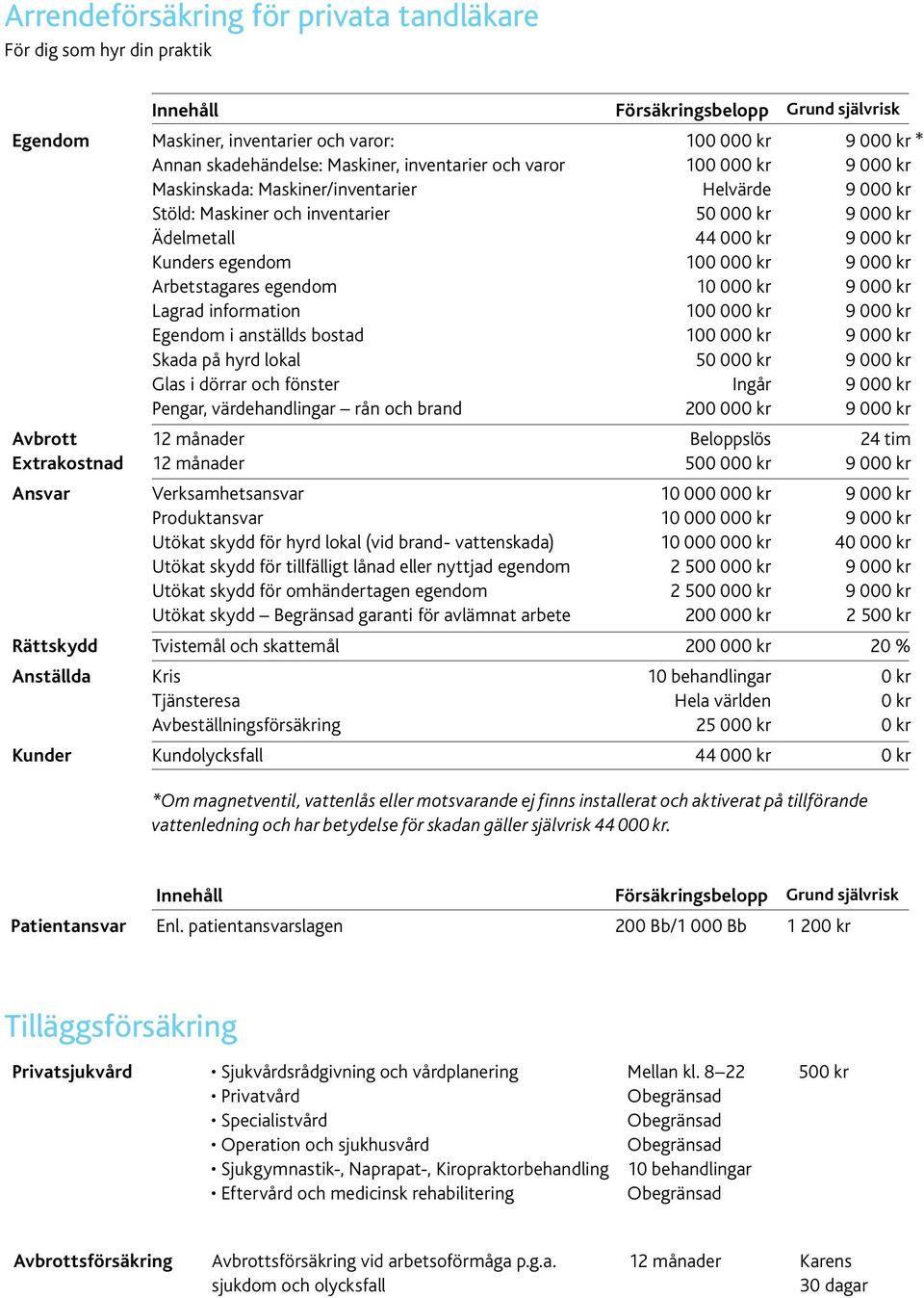 00 Lagrad information 100 00 Egendom i anställds bostad 100 00 Skada på hyrd lokal 50 00 Glas i dörrar och fönster Ingår Pengar, värdehandlingar rån och brand 200 00 12 månader 12 månader