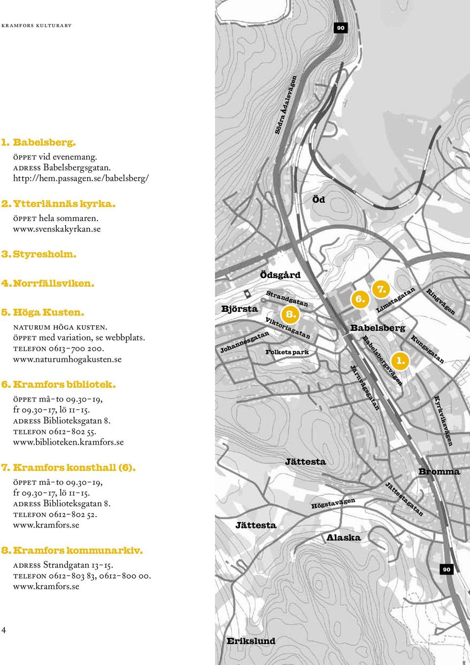 Viktoriagatan Folkets park 6. 7. Limstagatan Babelsberg 1. Ringvägen Kungsgatan Babelsbergsvägen Järnvägsgatan 6. Kramfors bibliotek. öppet må to 09.30 19, fr 09.30 17, lö 11 15.
