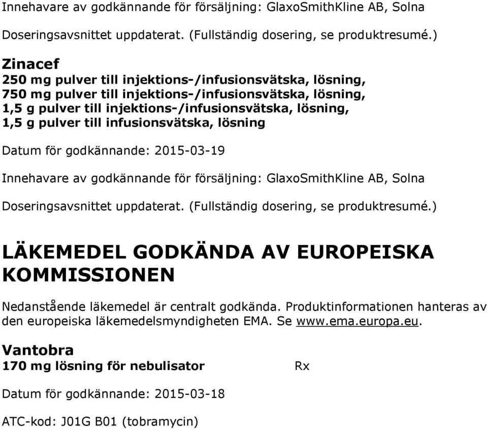 godkännande för försäljning: GlaxoSmithKline AB, Solna LÄKEMEDEL GODKÄNDA AV EUROPEISKA KOMMISSIONEN Nedanstående läkemedel är centralt godkända.