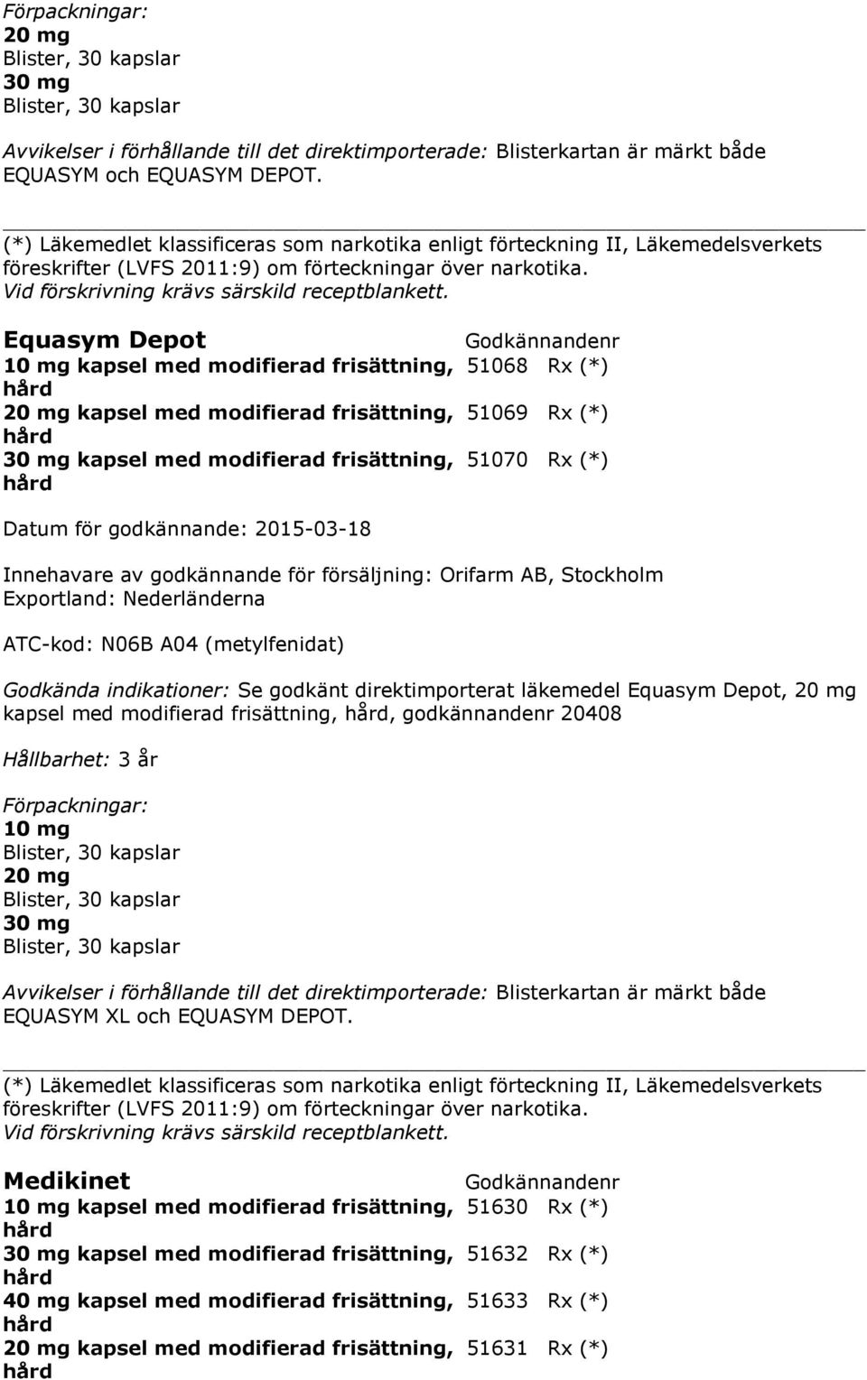 Equasym Depot 10 mg kapsel med modifierad frisättning, 51068 Rx (*) 20 mg kapsel med modifierad frisättning, 51069 Rx (*) 30 mg kapsel med modifierad frisättning, 51070 Rx (*) Exportland: