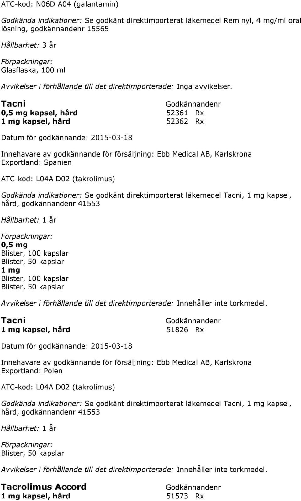 Tacni, 1 mg kapsel,, godkännandenr 41553 Hållbarhet: 1 år 0,5 mg Blister, 100 kapslar Blister, 50 kapslar 1 mg Blister, 100 kapslar Blister, 50 kapslar Avvikelser i förhållande till det