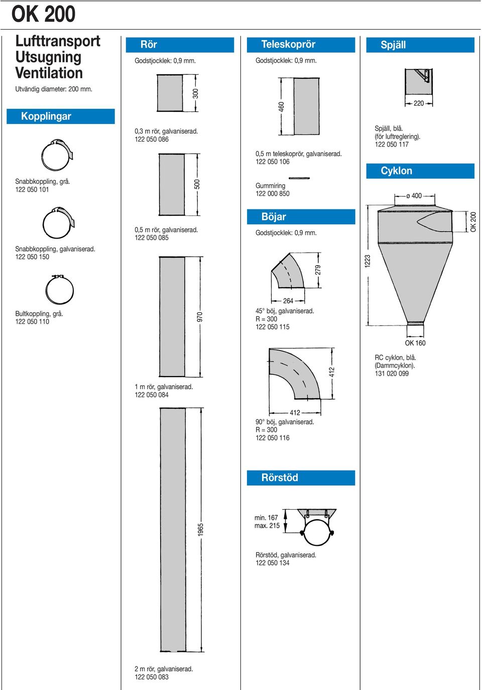 122 050 117 Cyklon ø 400 Snabbkoppling, galvaniserad. 122 050 150 0,5 m rör, galvaniserad. 122 050 085 Böjar Godstjocklek: 0,9 mm. 279 1223 Bultkoppling, grå.