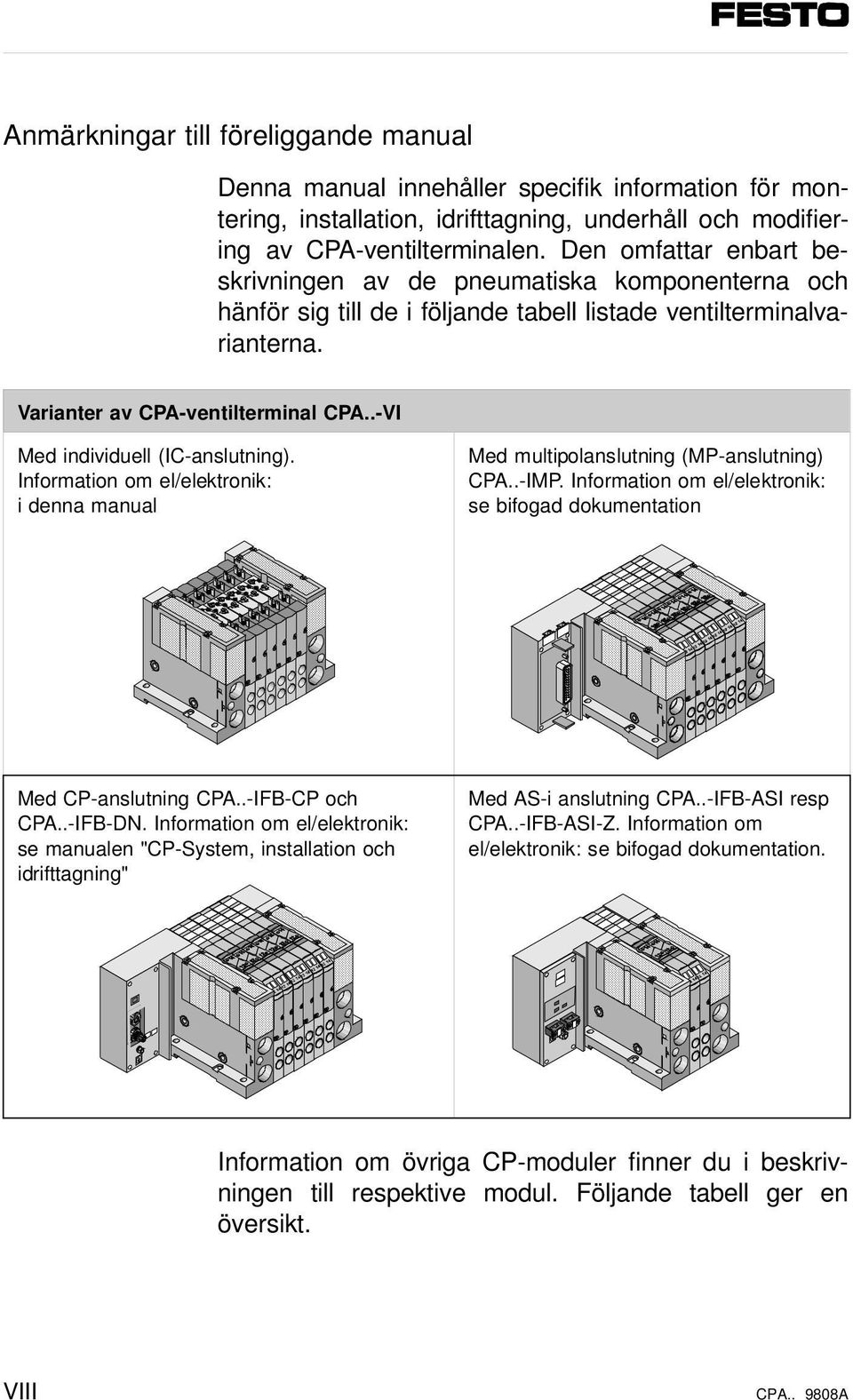 .-VI Med individuell (IC-anslutning). Information om el/elektronik: i denna manual Med multipolanslutning (MP-anslutning) CPA..-IMP.