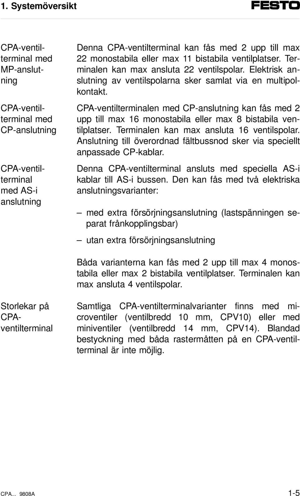 CPA-ventilterminal med MP-anslutning CPA-ventilterminal med CP-anslutning CPA-ventilterminal med AS-i anslutning CPA-ventilterminalen med CP-anslutning kan fås med 2 upp till max 16 monostabila eller