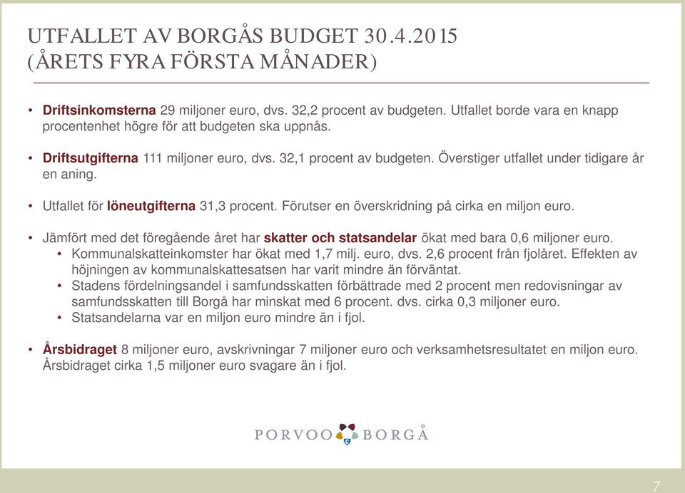 Utfallet för löneutgifterna 31,3 procent. Förutser en överskridning på cirka en miljon euro. Jämfört med det föregående året har skatter och statsandelar ökat med bara 0,6 miljoner euro.